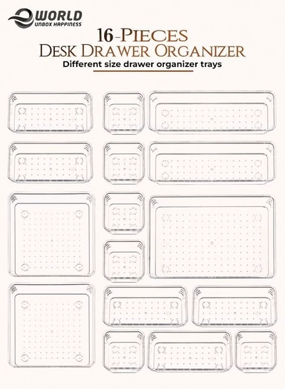 Eworld 16-Piece Clear Plastic Drawer Organizer Tray Set-0
