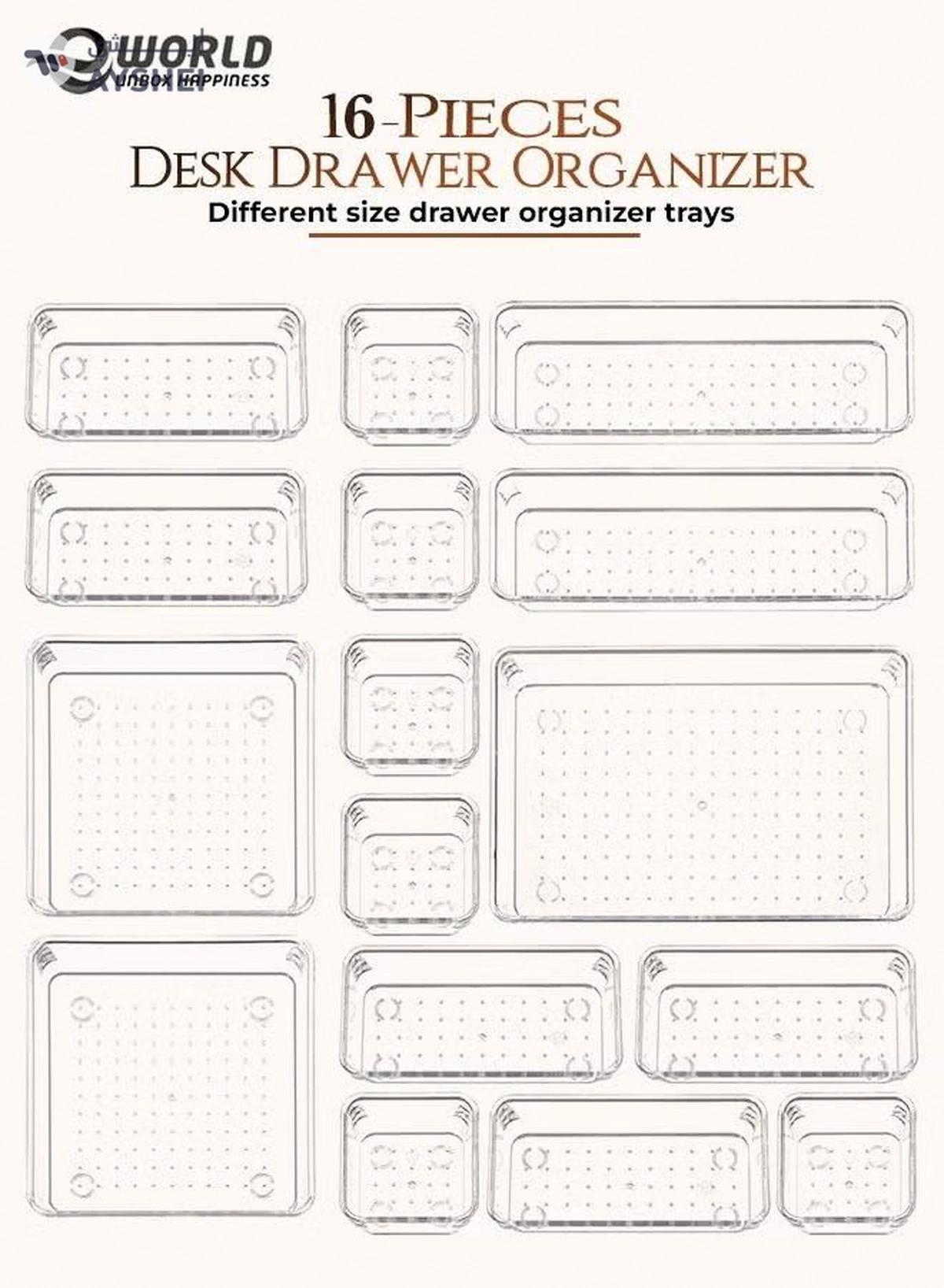 Eworld 16-Piece Clear Plastic Drawer Organizer Tray Set-0-0