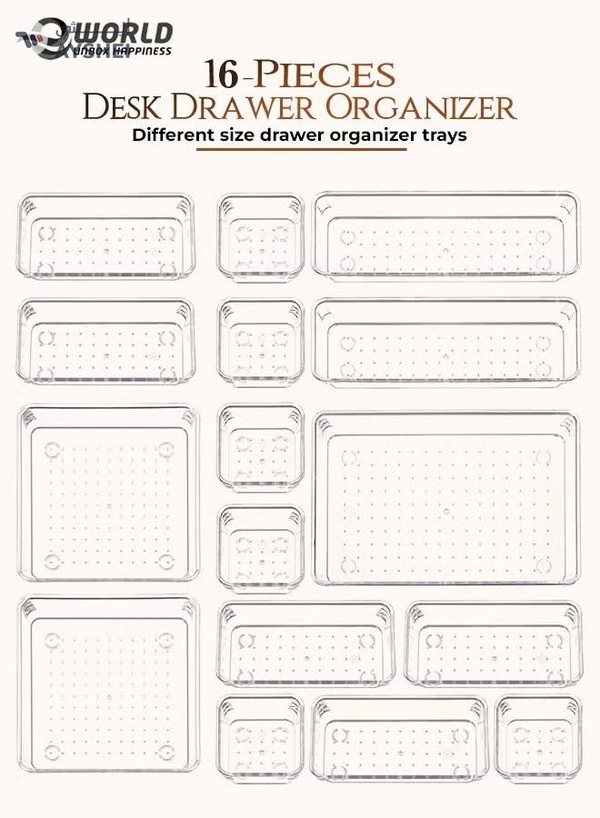 Eworld 16-Piece Clear Plastic Drawer Organizer Tray Set