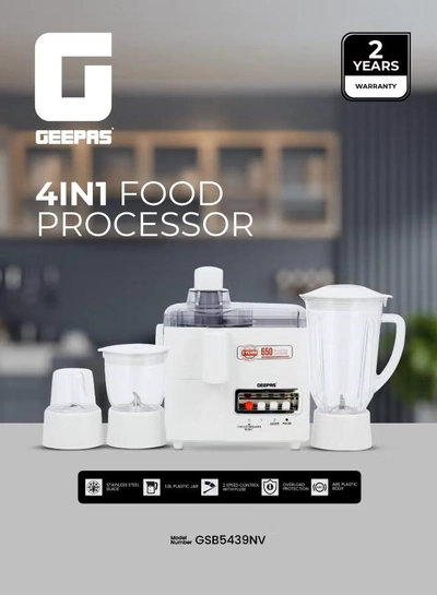 GEEPAS 4-In-1 Multi-Function Food Processor 1.8 L 650 W GSB5439NV White-0