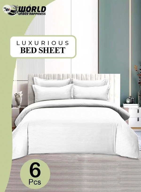 Eworld 6-Piece Premium King Size Bedding Set, White Striped Design-1 Full/King Size Luxury Bedsheet