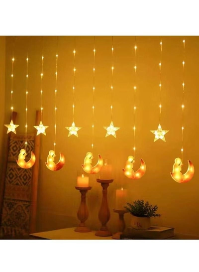 Yuwell 3.5M Ramadan Light For Home Decoration Multimode Operated Decorative Light Ramadan Kareem Star Design Curtain Light Warm White-0