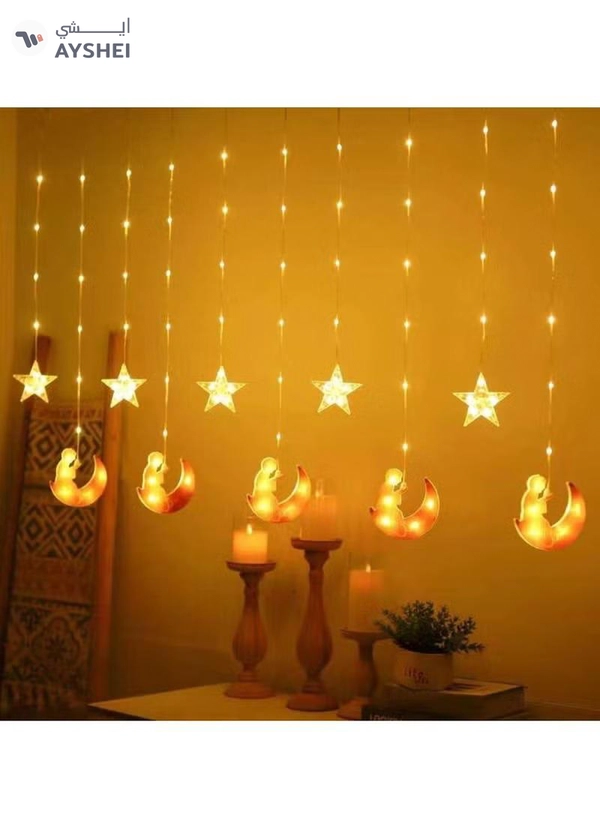 Yuwell 3.5M Ramadan Light For Home Decoration Multimode Operated Decorative Light Ramadan Kareem Star Design Curtain Light Warm White
