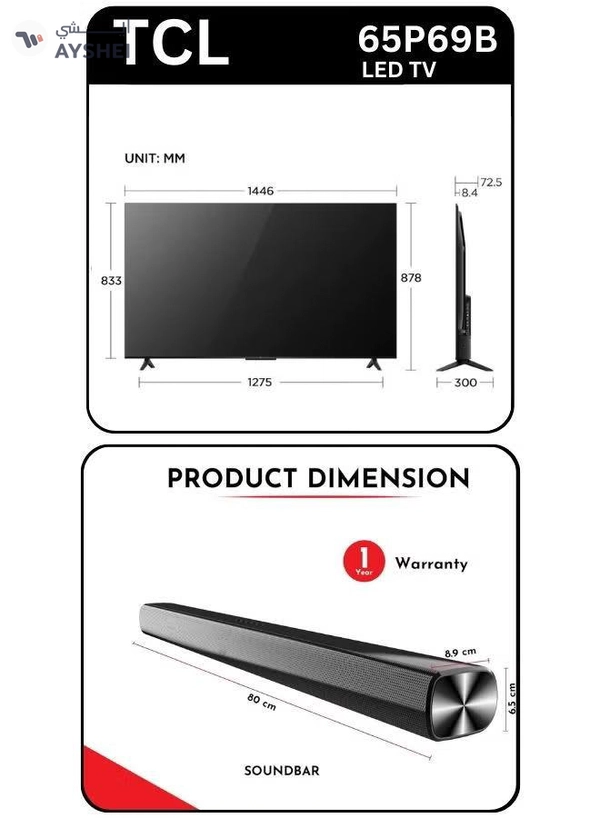 TCL 65-Inch P69B 4K UHD TV & Soundbar Bundle – HDR10, Dolby Audio, T-SCREEN, Google TV | Immersive 2-Channel Sound, USB, HDMI, Bluetooth & More 65P69B+SOUNDBAR black