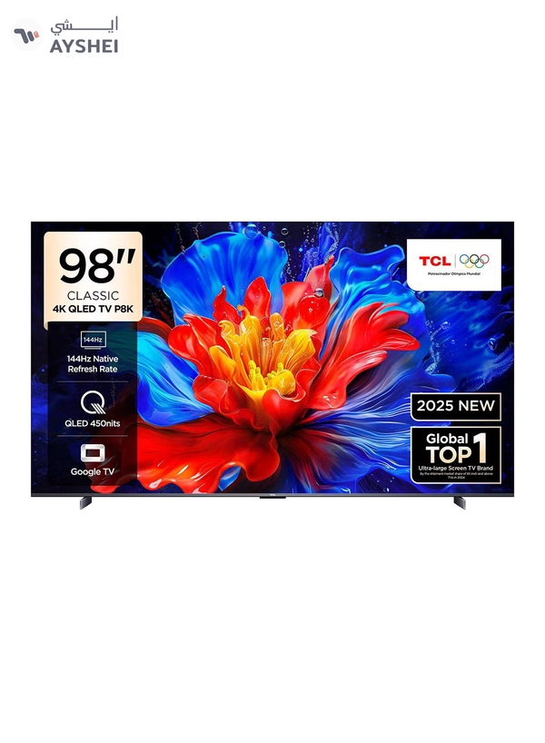 TCL 98 Inch Smart TV 4K QLED Colorful Quantum Crystal HDR 10+ Gaming Google TV, 144Hz Native Refresh Rate, ONKYO 2.1 Hi-Fi, Dolby Atmos, DTS Virtual X, MEMC, Game Master (2025 Model) 98P8K black