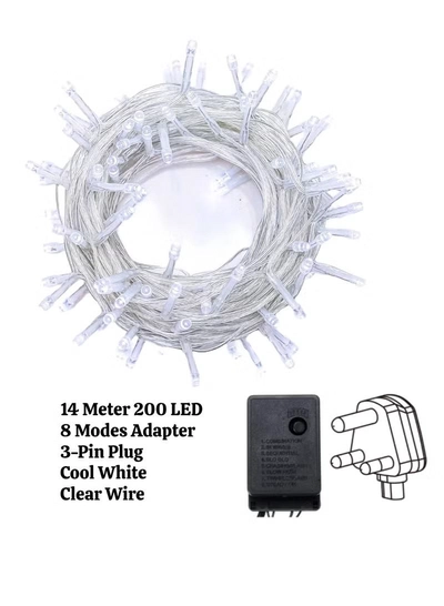 Yuwell 14 Meter 200 LED String Lights Decoration Lights Cool White Light 8 Modes Led Light Clear Wire For Home Decorations Ramadan Lights Indoor & Outdoor Decoration Ramadan Decoration Light Diwali Lights Curtain Lights With 3-Pin UK Plug-1