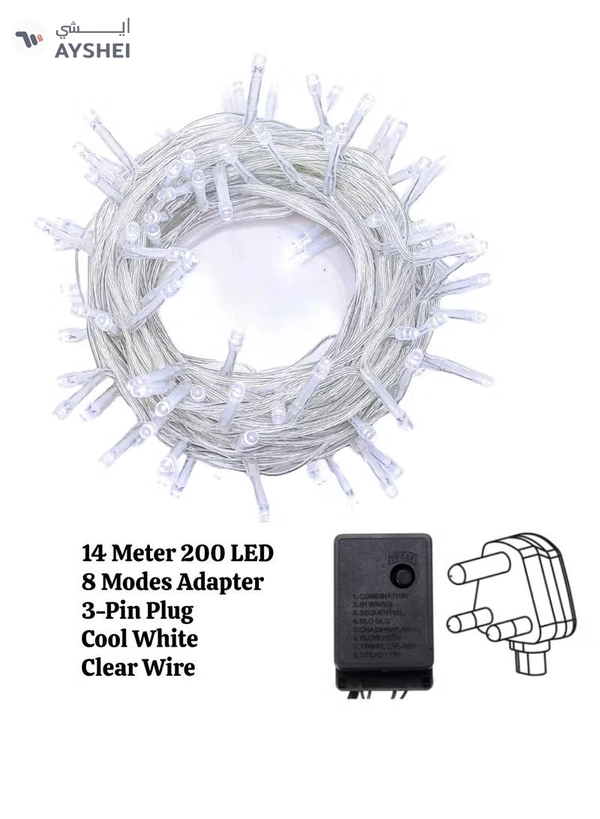 Yuwell 14 Meter 200 LED String Lights Decoration Lights Cool White Light 8 Modes Led Light Clear Wire For Home Decorations Ramadan Lights Indoor & Outdoor Decoration Ramadan Decoration Light Diwali Lights Curtain Lights With 3-Pin UK Plug