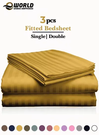 3 Piece Luxury Gold Striped Bed Sheet Set with 1 Deep Pocket Fitted Sheet and 2 Pillowcases for Hotel and Home Crafted from Ultra Soft and Breathable Microfiber for Year-Round Comfort, (Single/Double)-0