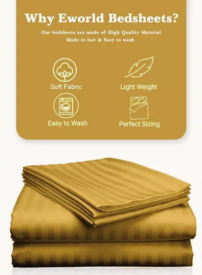 3 Piece Luxury Gold Striped Bed Sheet Set with 1 Deep Pocket Fitted Sheet and 2 Pillowcases for Hotel and Home Crafted from Ultra Soft and Breathable Microfiber for Year-Round Comfort, (Single/Double)-2