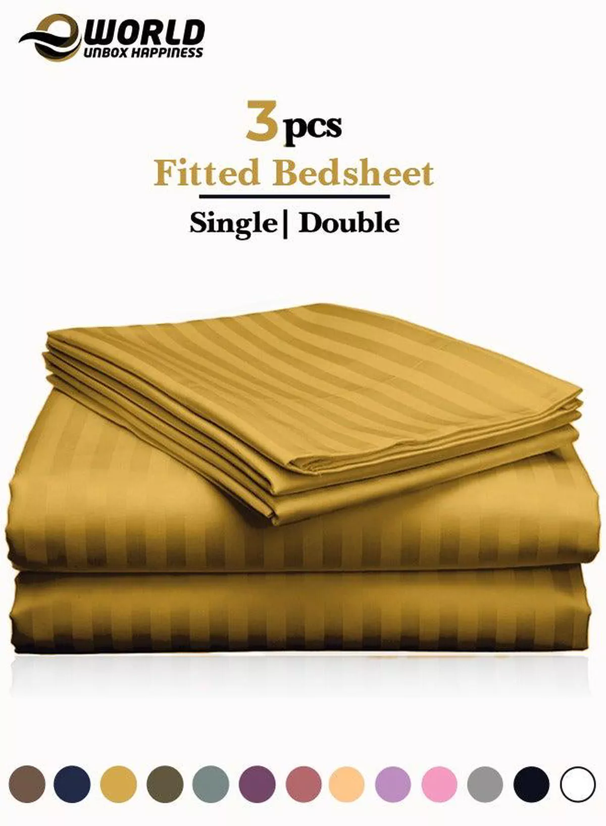 3 Piece Luxury Gold Striped Bed Sheet Set with 1 Deep Pocket Fitted Sheet and 2 Pillowcases for Hotel and Home Crafted from Ultra Soft and Breathable Microfiber for Year-Round Comfort, (Single/Double)