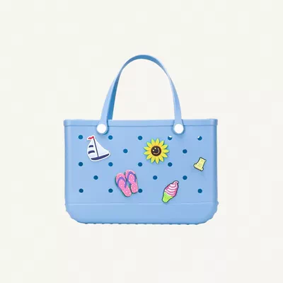 EVA 48 x 32 x 20 cm EVA Rubber Beach Tote Bag with 5 Summer Charms | Waterproof, Durable & Easy-to-Clean | Spacious Summer Beach Bag for Women & Family | (Sky Blue - Large)-0
