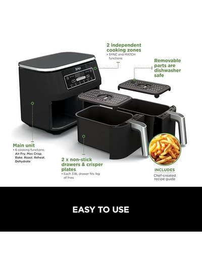 Ninja Foodi Dual Zone Digital Air Fryer, 2 Drawers, 7.6L, 6-In-1, Uses No Oil, Air Fry, Max Crisp, Roast, Bake, Reheat, Dehydrate, Cooks 4-6 Portions, Non-Stick, Dishwasher Safe Baskets 7.6 L 2470 W AF300ME/AF300EU Black-4