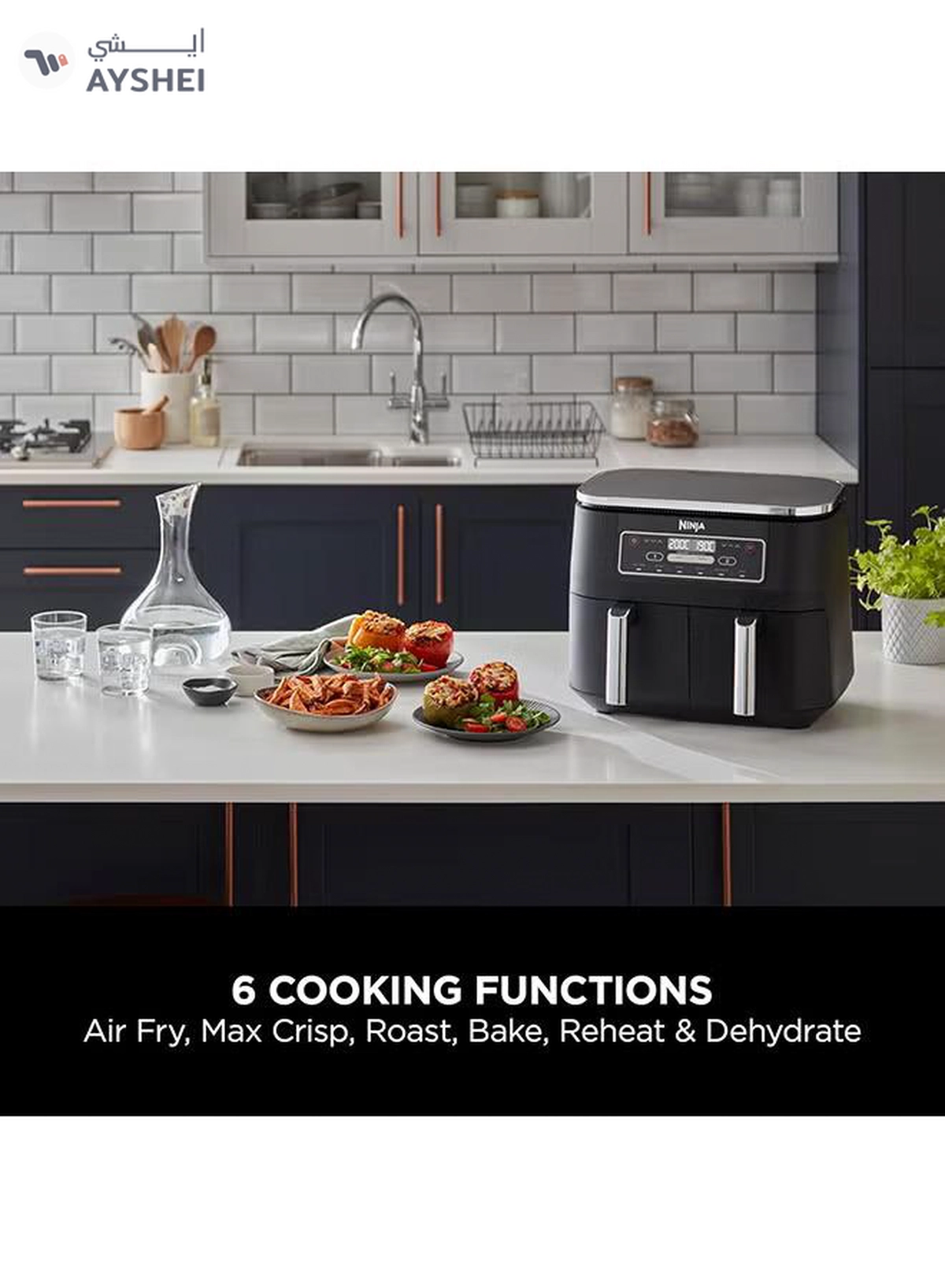 Ninja Foodi Dual Zone Digital Air Fryer, 2 Drawers, 7.6L, 6-In-1, Uses No Oil, Air Fry, Max Crisp, Roast, Bake, Reheat, Dehydrate, Cooks 4-6 Portions, Non-Stick, Dishwasher Safe Baskets 7.6 L 2470 W AF300ME/AF300EU Black-1-1