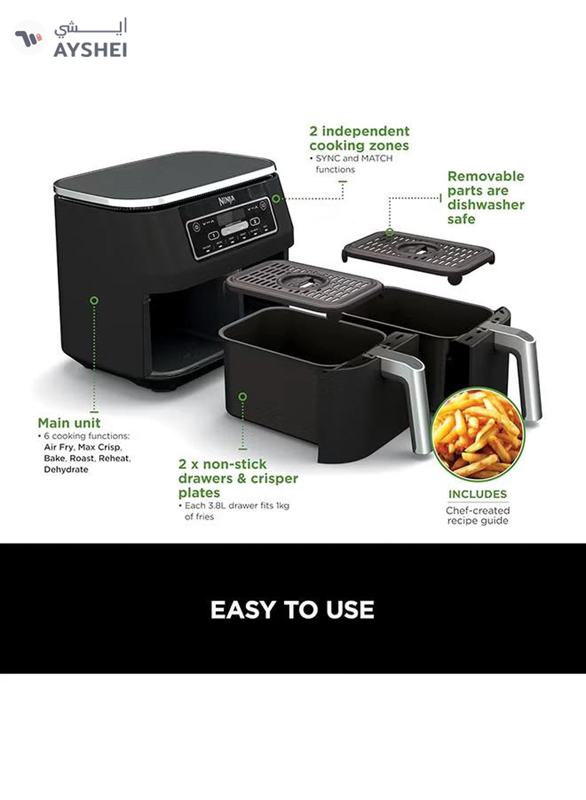 Ninja Foodi Dual Zone Digital Air Fryer, 2 Drawers, 7.6L, 6-In-1, Uses No Oil, Air Fry, Max Crisp, Roast, Bake, Reheat, Dehydrate, Cooks 4-6 Portions, Non-Stick, Dishwasher Safe Baskets 7.6 L 2470 W AF300ME/AF300EU Black-4-4