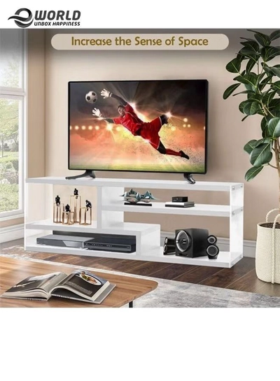 Eworld 3-Tier TV Stand Entertainment Centre Media Console Glossy White Finish with Acrylic Sides-1