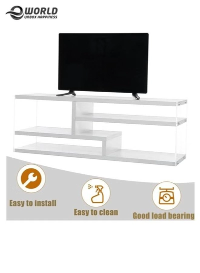 Eworld 3-Tier TV Stand Entertainment Centre Media Console Glossy White Finish with Acrylic Sides-2