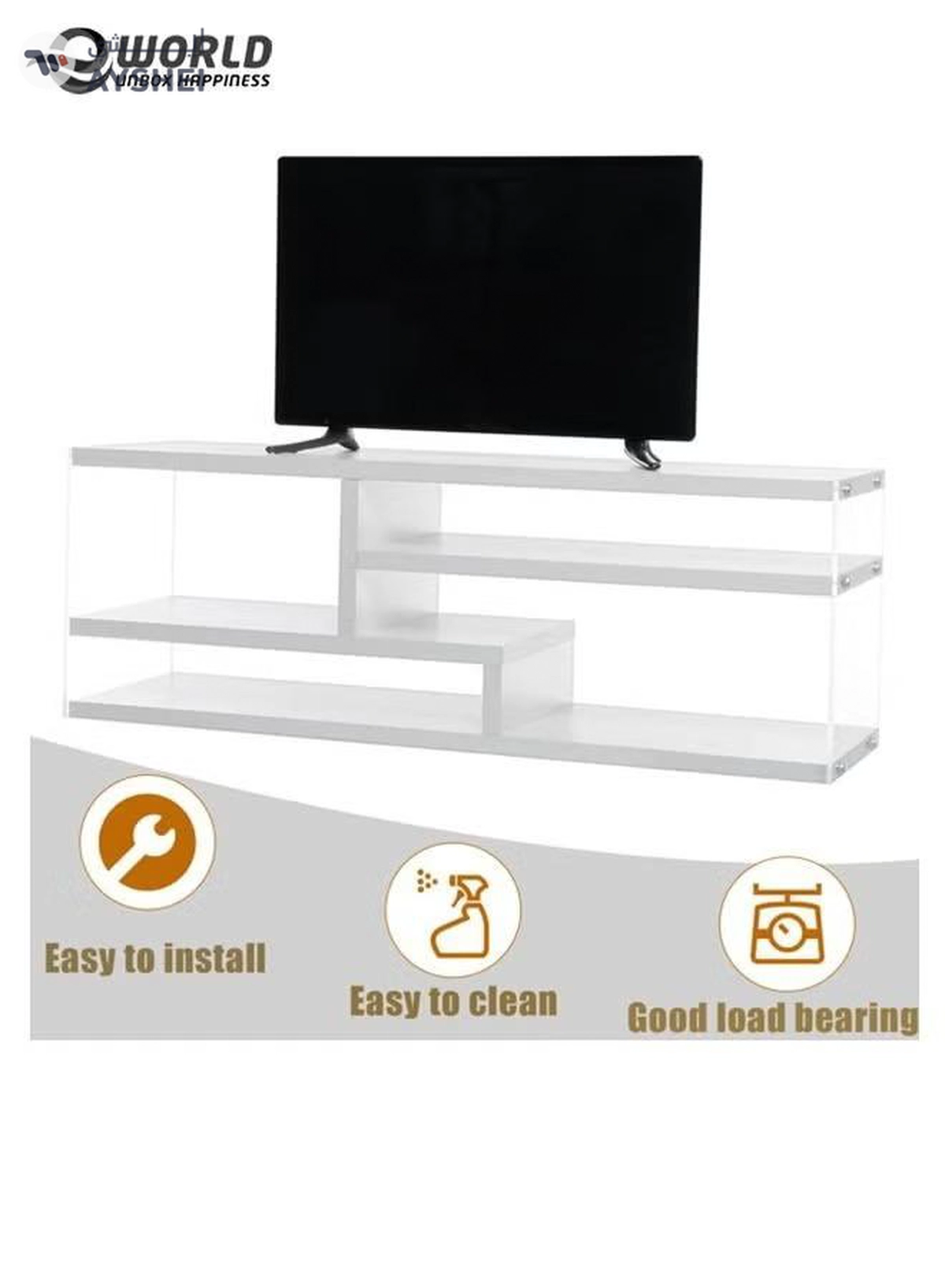 Eworld 3-Tier TV Stand Entertainment Centre Media Console Glossy White Finish with Acrylic Sides-2-2