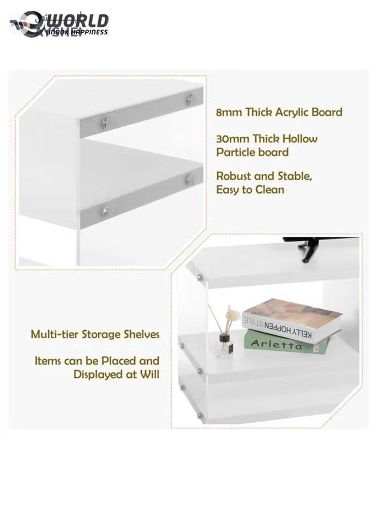 Eworld 3-Tier TV Stand Entertainment Centre Media Console Glossy White Finish with Acrylic Sides-3-3