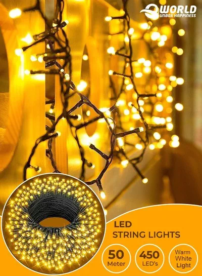Warm White String Lights, 50 Meters with 450 LEDs, Battery-Powered for Eid, Weddings, Parties, Outdoor Spaces and Festive Decor-0