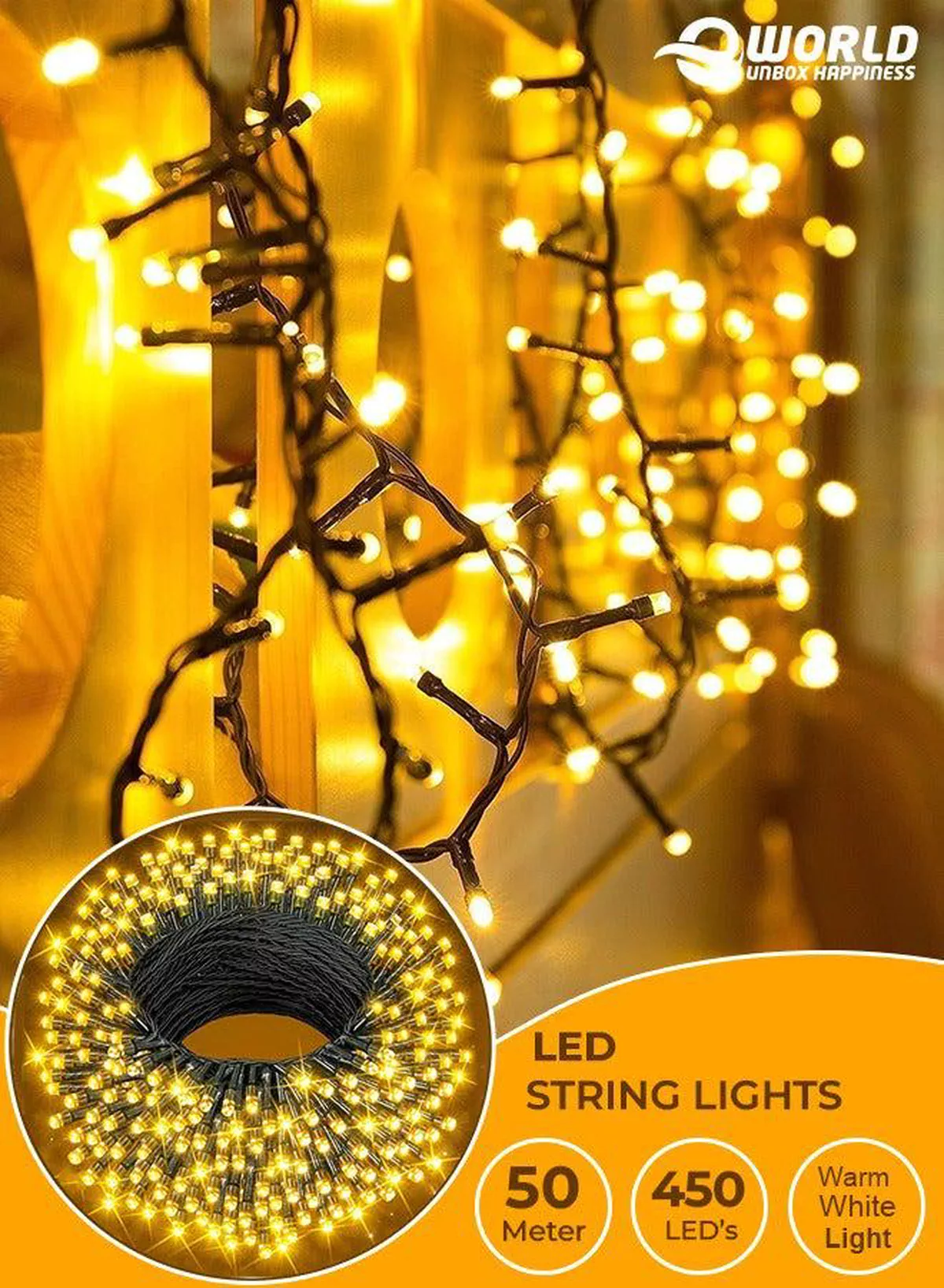 Warm White String Lights, 50 Meters with 450 LEDs, Battery-Powered for Eid, Weddings, Parties, Outdoor Spaces and Festive Decor
