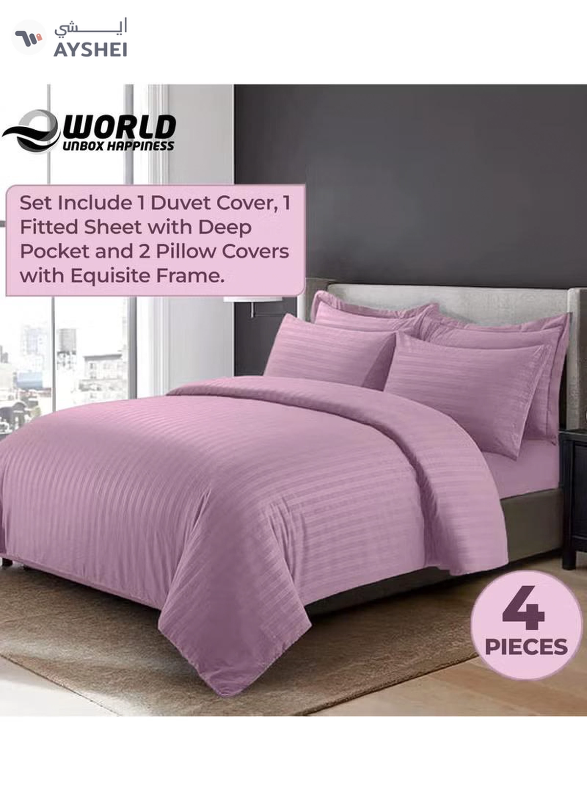 Eworld 4-Piece Luxury King Size Pink Striped Bedding Set Includes 1 Duvet Cover (220x240cm)-2-2