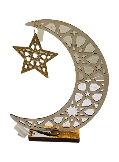Yuwell Ramadan Décor Table Top Centerpiece with LED Fairy Lights Gold Wooden Crescent Moon Ramadan Decoration Light for Home, Office & Shop Elegant Islamic Desk Moon for Ramadan & Eid Gifts 65CM-2