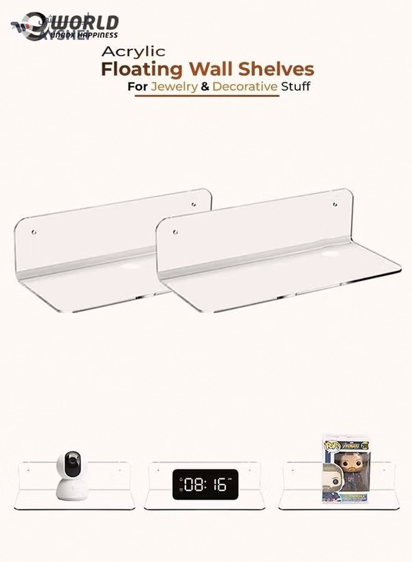 Eworld Pack of 2 clear Acrylic Floating Wall Shelves for jewelry and Decorative stuff