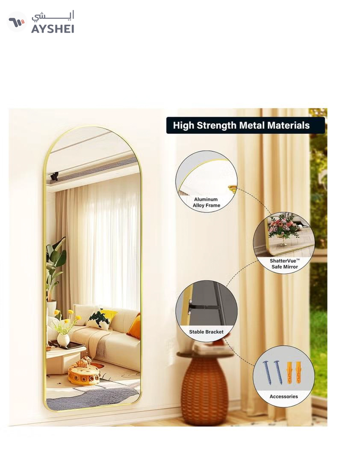 Y&D Full Length Mirror Arched Aluminum alloy Large Standing Dressing Mirror Hanging Leaning Against Wall Mounted Mirror with Stand for Bedroom Locker Room Living Room-1-1
