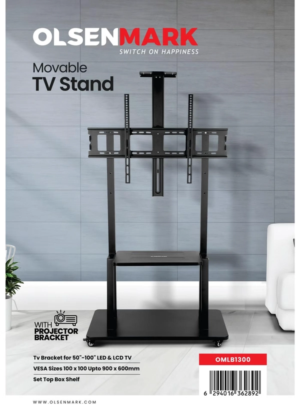 Olsenmark Movable TV Stand OMLB1300 with Projector Bracket – Supports 50” to 100” LED & LCD TVs, VESA 100×100 to 900×600 mm, Set-Top Box Shelf, Smooth Rolling Wheels, Heavy-Duty Design, Black