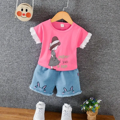 Babyqlo Girl Printed Tee with Blue denim Shorts set for Girls-0