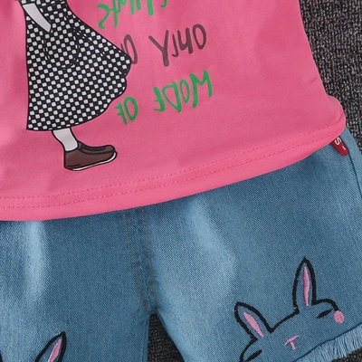 Babyqlo Girl Printed Tee with Blue denim Shorts set for Girls-2