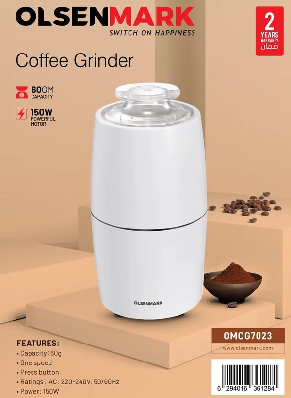 Olsenmark Coffee Grinder 60 g Capacity, 150W Powerful Motor, Durable Jar and Blade, Ergonomic Grip 0.06 kg 150 W OMCG7023 white