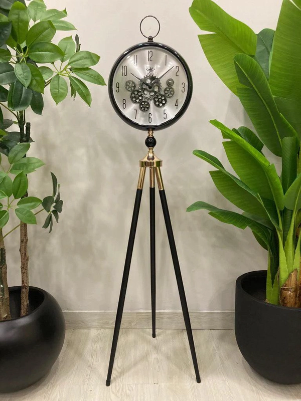 Industrial Steampunk Tripod Floor Clock with Visible Gears
