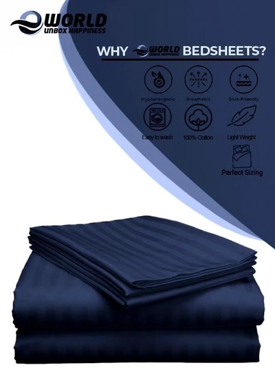 Eworld 3 Piece Luxury Navy Blue Striped Bed Sheet Set with 1 Flat Sheet and 2 Pillowcases -2