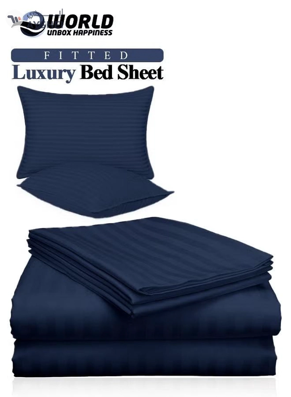 Eworld 3 Piece Luxury Navy Blue Striped Bed Sheet Set with 1 Flat Sheet and 2 Pillowcases