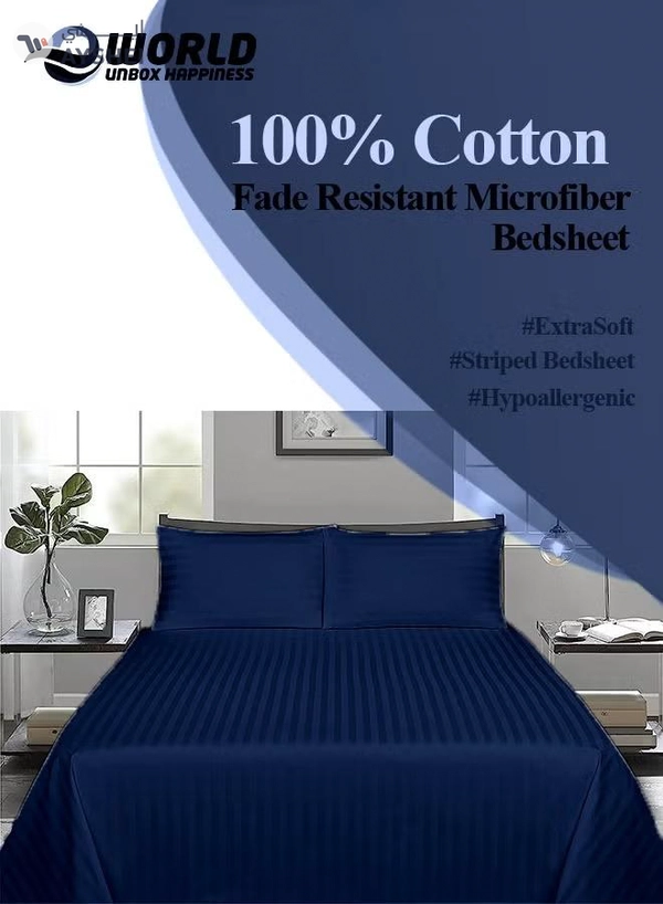 Eworld 3 Piece Luxury Navy Blue Striped Bed Sheet Set with 1 Flat Sheet and 2 Pillowcases