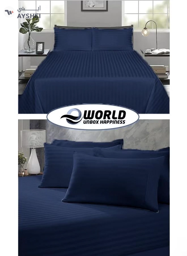 Eworld 3 Piece Luxury Navy Blue Striped Bed Sheet Set with 1 Flat Sheet and 2 Pillowcases