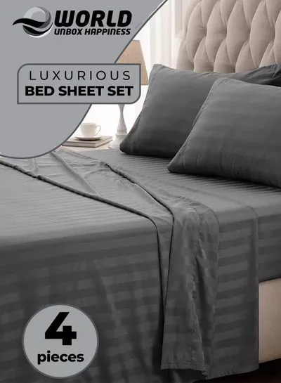 4-Piece Luxury King Size Grey Striped Bedding Set Includes 1 Duvet Cover (220x240cm), 1 Bedsheet (200x200cm), and 2 Pillow Cases (48x74+5cm) for Ultimate Hotel-Inspired Sophistication-0
