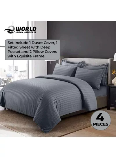 4-Piece Luxury King Size Grey Striped Bedding Set Includes 1 Duvet Cover (220x240cm), 1 Bedsheet (200x200cm), and 2 Pillow Cases (48x74+5cm) for Ultimate Hotel-Inspired Sophistication-2
