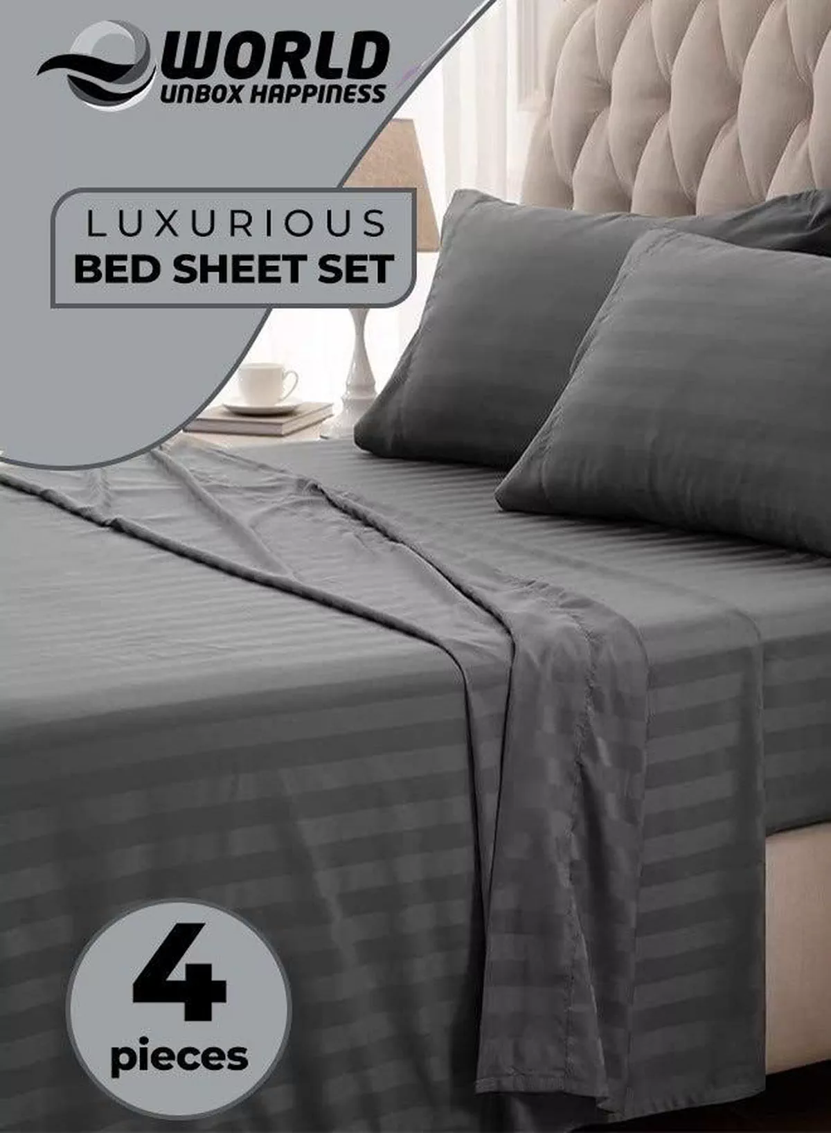 4-Piece Luxury King Size Grey Striped Bedding Set Includes 1 Duvet Cover (220x240cm), 1 Bedsheet (200x200cm), and 2 Pillow Cases (48x74+5cm) for Ultimate Hotel-Inspired Sophistication