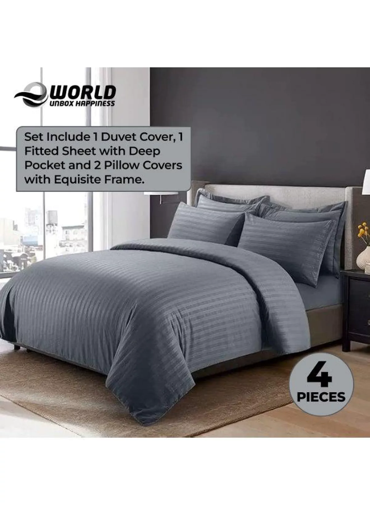 4-Piece Luxury King Size Grey Striped Bedding Set Includes 1 Duvet Cover (220x240cm), 1 Bedsheet (200x200cm), and 2 Pillow Cases (48x74+5cm) for Ultimate Hotel-Inspired Sophistication-2-2