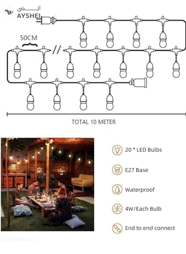 Yuwell Outdoor Waterproof IP65 Led String Lights E27 Holder 10 Meter Bulb Holder Wire With 20 Bulbs 4W A60 Clear With EU Plug Solar Bulb Holder For Ramadan Decoration Lights And Outdoor Decoration Light Hanging Light String Wire Ramadan Light For Commercial Patio Garden & Porch Yard
