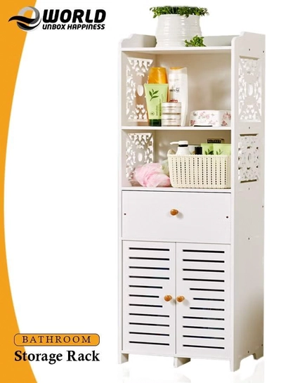 Eworld Waterproof White PVC Floor Cabinet Organizer, Stylish Storage Solution Featuring Shelves-0