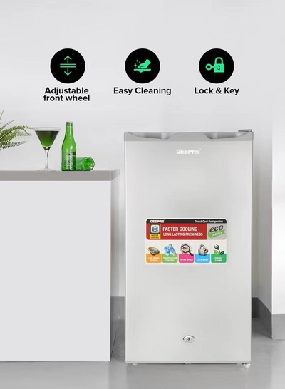 GEEPAS Defrost Mini Fridge 110L Capacity With Lamp, Door Lock & Key | Low Noise Design, Compact, Powerful Compressor, Energy Saving, Faster Cooling, Adjustable Thermostat GRF115SPEH Silver-3