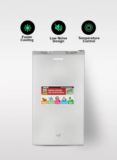 GEEPAS Defrost Mini Fridge 110L Capacity With Lamp, Door Lock & Key | Low Noise Design, Compact, Powerful Compressor, Energy Saving, Faster Cooling, Adjustable Thermostat GRF115SPEH Silver-0