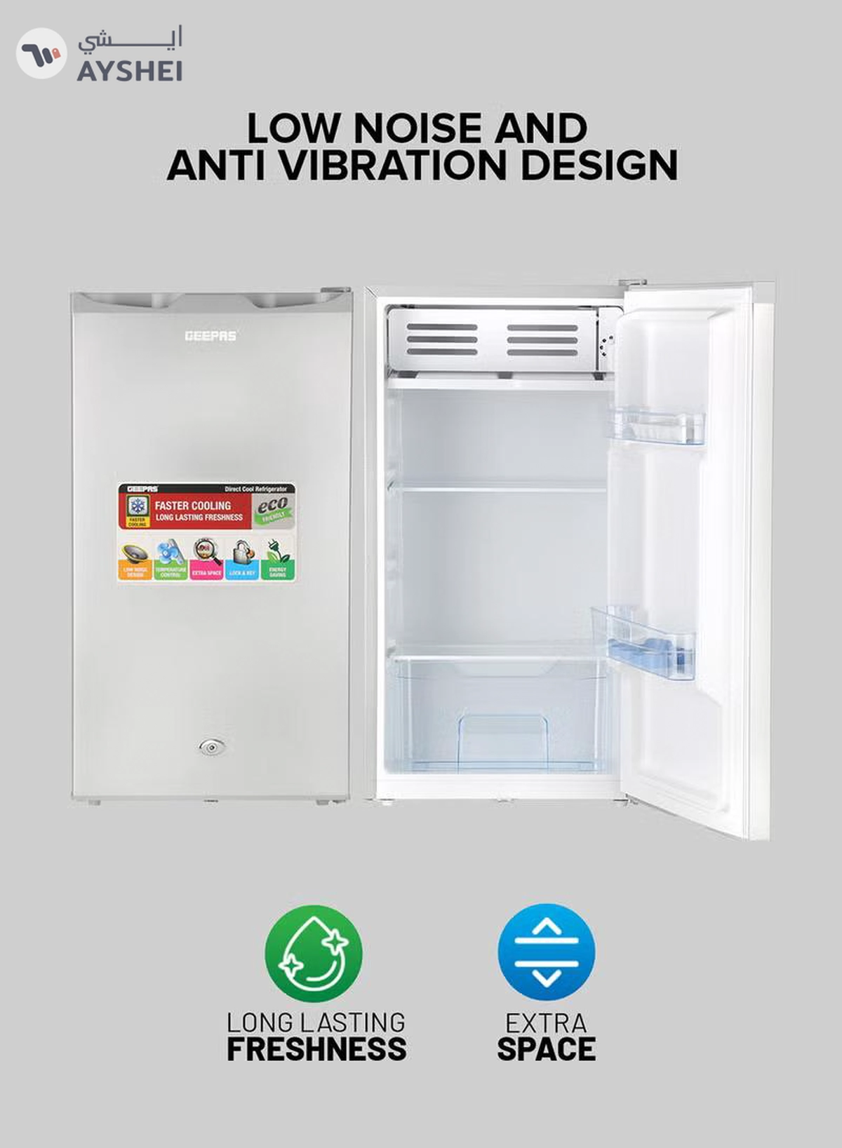 GEEPAS Defrost Mini Fridge 110L Capacity With Lamp, Door Lock & Key | Low Noise Design, Compact, Powerful Compressor, Energy Saving, Faster Cooling, Adjustable Thermostat GRF115SPEH Silver-2-2