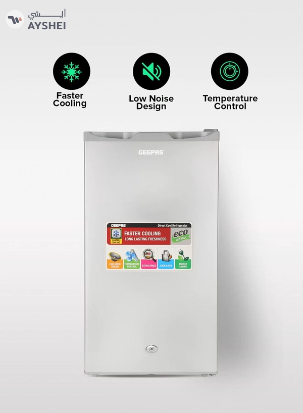 GEEPAS Defrost Mini Fridge 110L Capacity With Lamp, Door Lock & Key | Low Noise Design, Compact, Powerful Compressor, Energy Saving, Faster Cooling, Adjustable Thermostat GRF115SPEH Silver