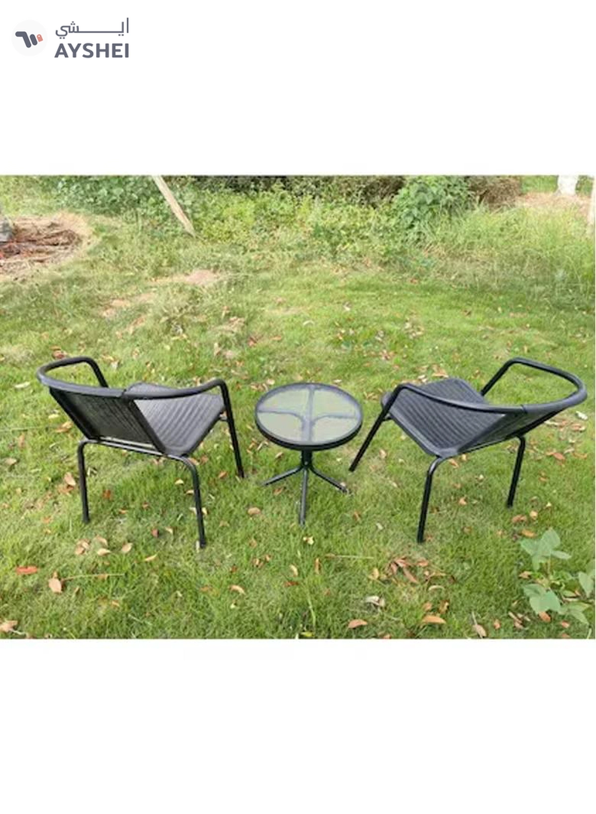 DubaiGallery Round Table With Chair Outdoor Side Table, Translucent Tempered Glass Table Top Coffee Table, Bedside Table with Thickened Steel Pipe Bracket, Outdoor Accent Table for Small Spaces, Patio-3-3