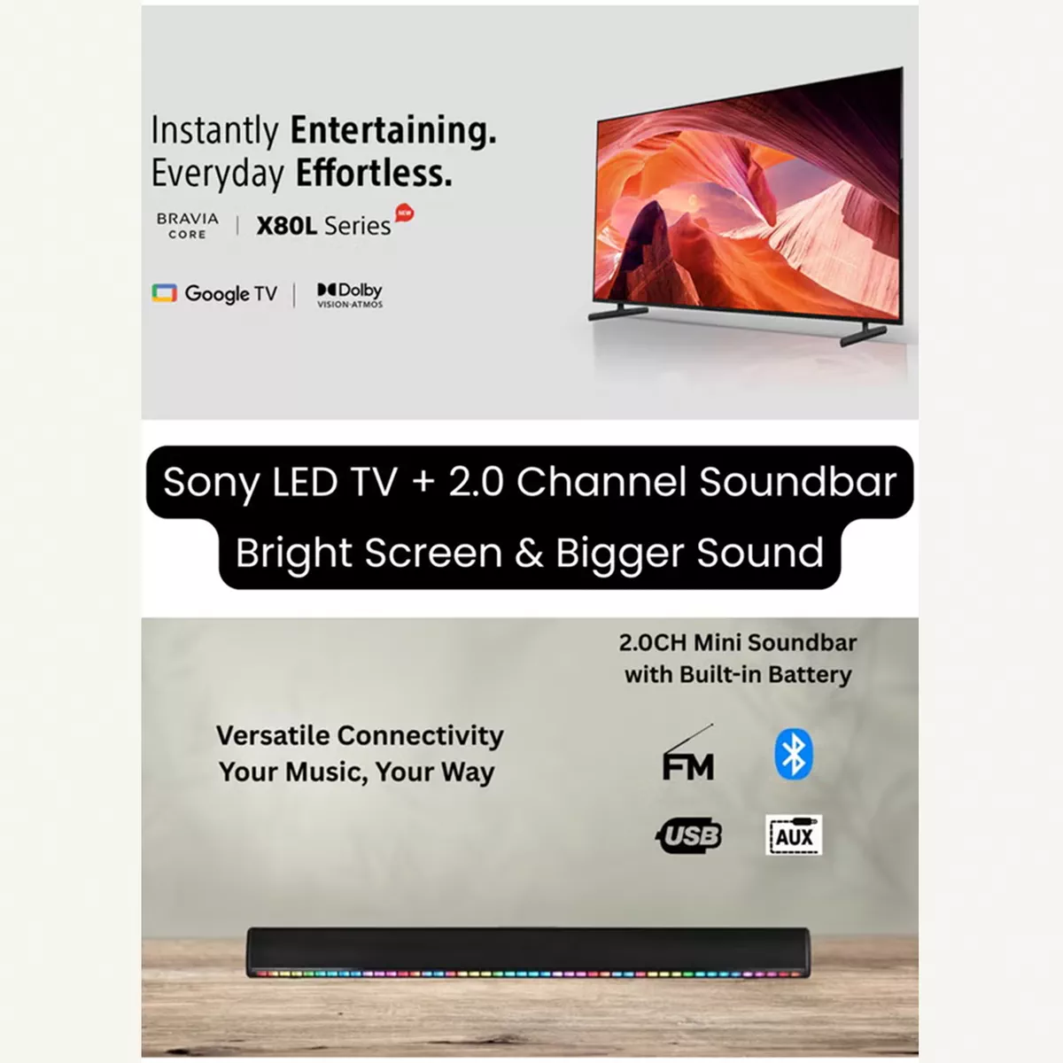 Sony Bundle Of Bravia 50-Inch X80L 4K UHD Smart Google TV With 2.0 Channel Portable Soundbar With Built In Battery & LED Lights - Ideal for Cinematic Home Theater, PS5 Pro Gaming, and Immersive Sports Streaming, Sony 50 Inch HDR TV - KD-50X80L+SOUNDBAR Black-4-4