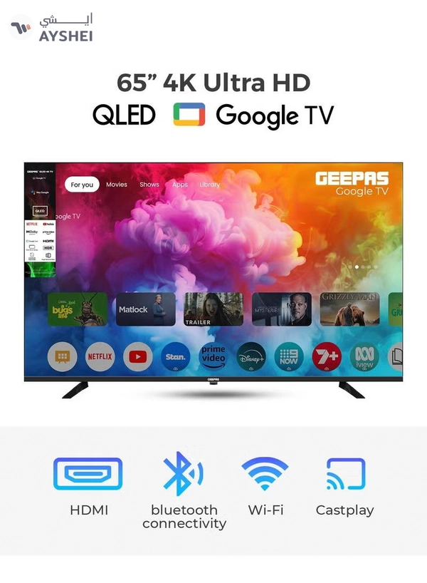 GEEPAS 65" 4K Ultra HD QLED Google TV | Sharp Picture with Sleek Design, with Built-in Apps | Dolby Audio, HDMI & USB Connectivity | Voice Remote with Google Cast | GLED6565GTQLD